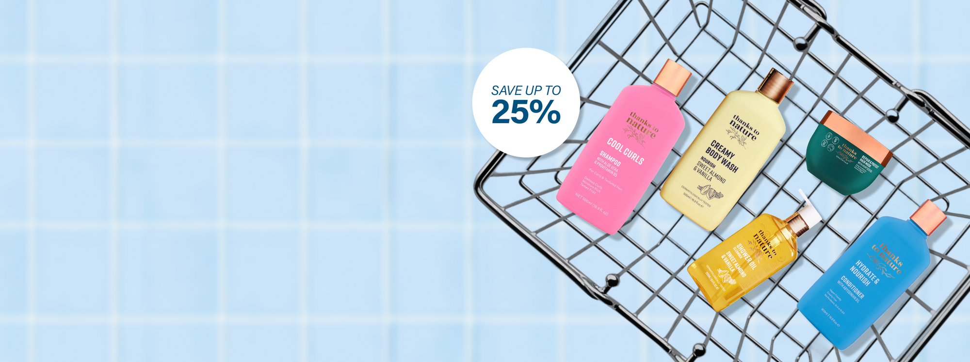 Bottles of shampoo and conditioner on a metal rack with a blue gradient background and discount label.