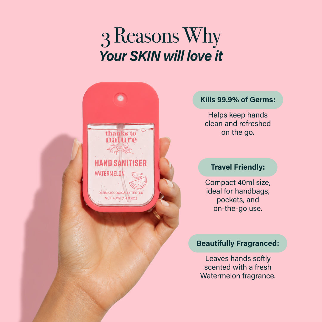 Hand holding a pink thanks to nature watermelon hand sanitizer with text on a pink background
