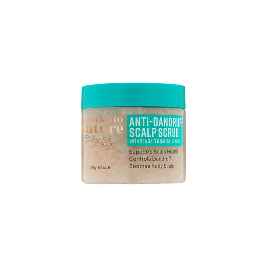 Jar of thanks to nature anti-dandruff scalp scrub with teal lid on a white background