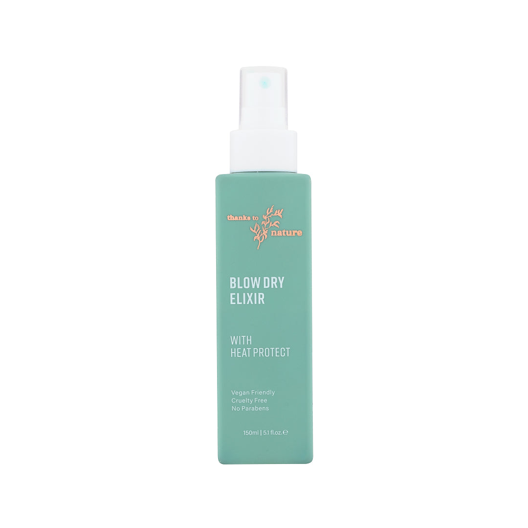 Bottle of 'Blow Dry Elixir' with 'Thanks to Nature' branding on a white background