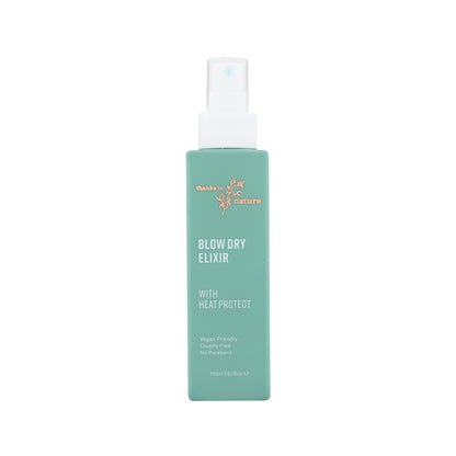 Bottle of 'Blow Dry Elixir' with 'Thanks to Nature' branding on a white background