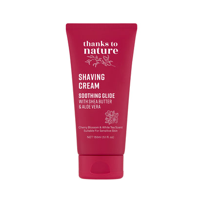A squeeze tube of 'thanks to nature' Cherry Blossom & white tea Shaving Cream on a solid white background.