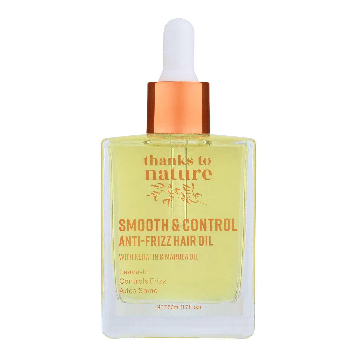 Bottle of 'thanks to nature' smooth & control anti-frizz hair oil on a white background