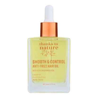 Bottle of 'thanks to nature' smooth & control anti-frizz hair oil on a white background