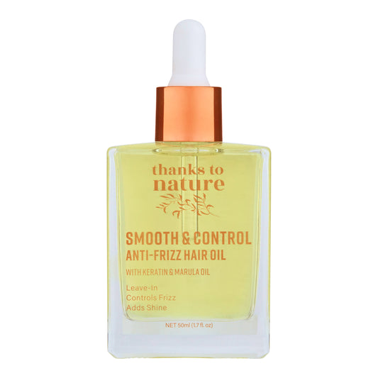 Bottle of 'thanks to nature' smooth & control anti-frizz hair oil on a white background