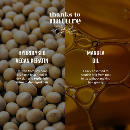 Thanks to Nature ingredients - hydrolysed vegan keratin and marula oil with images of soybeans and oil droplets.