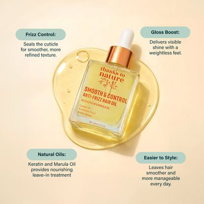 Bottle of 'thanks to nature Smooth & Control Anti-Frizz Hair Oil' with features listed on a beige background
