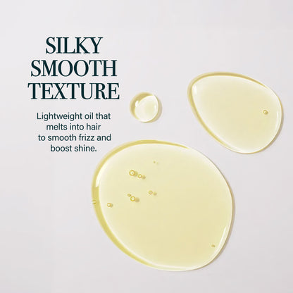 Silky smooth texture oil droplets on a light gray background with text describing its properties.