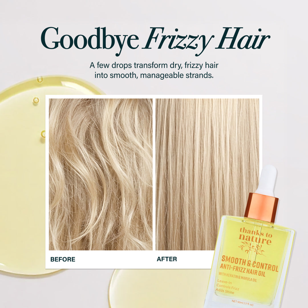 Thanks to nature hair oil product showing before and after effects on frizzy hair.
