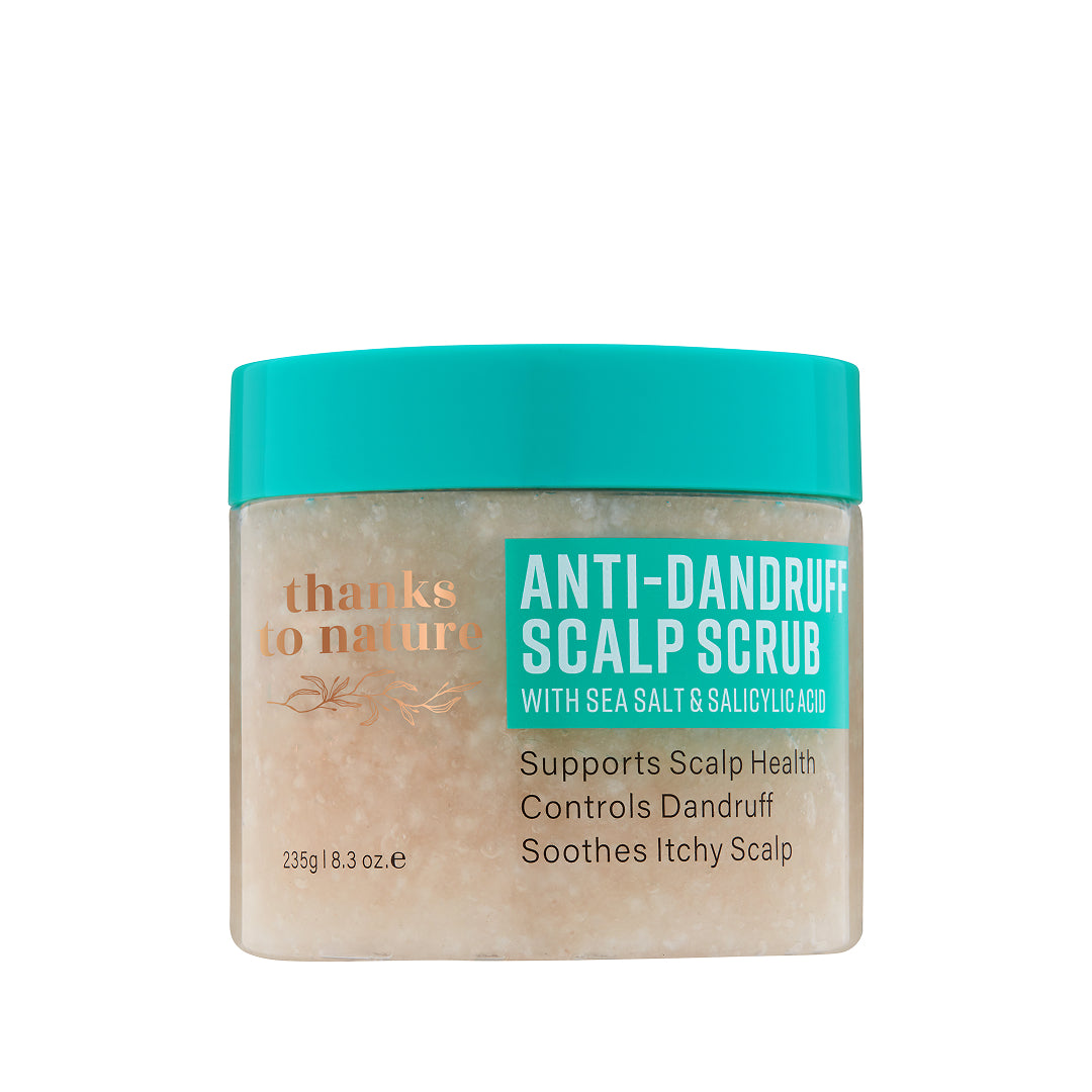 Anti-dandruff scalp scrub jar with teal lid and label on a white background