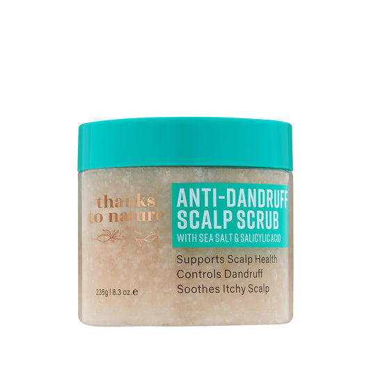 Anti-dandruff scalp scrub jar with teal lid and label on a white background