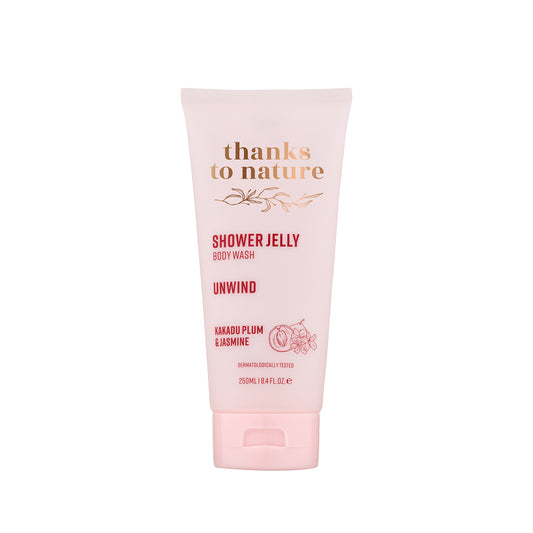 Pink tube of 'thanks to nature' shower jelly on a white background