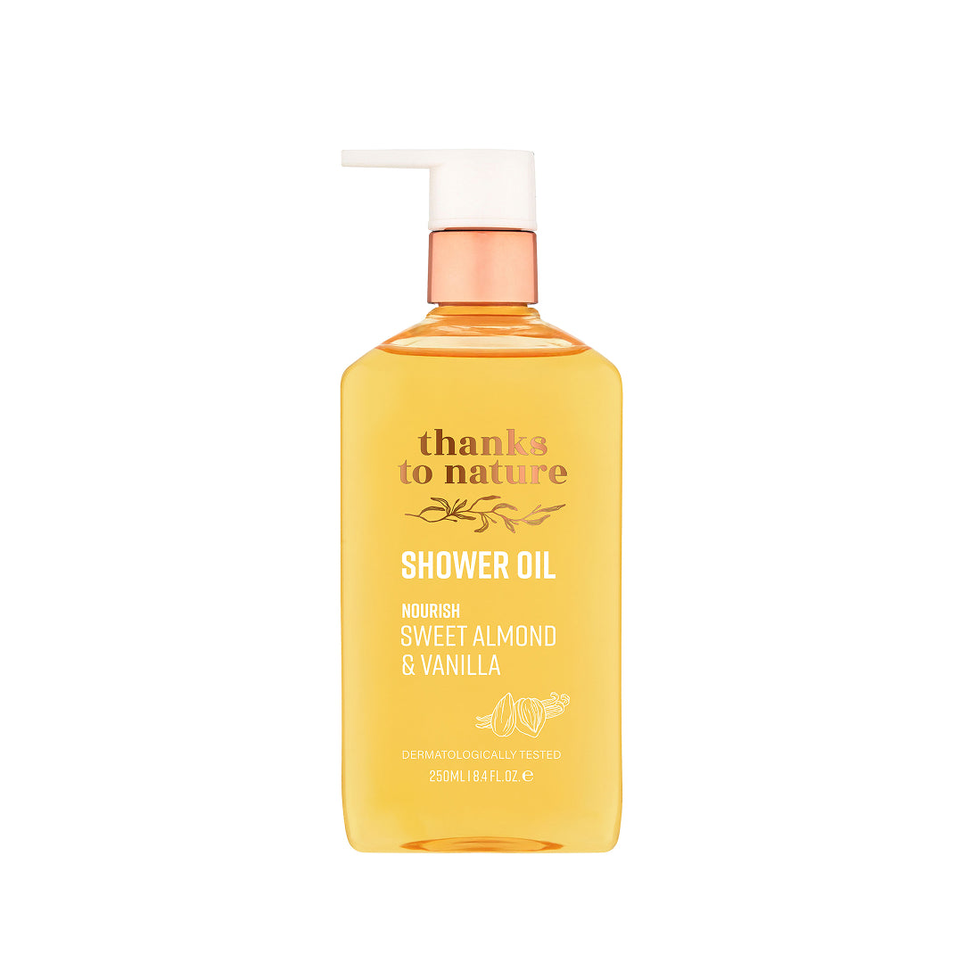 "Thanks to nature Shower oil' bottle on a white background