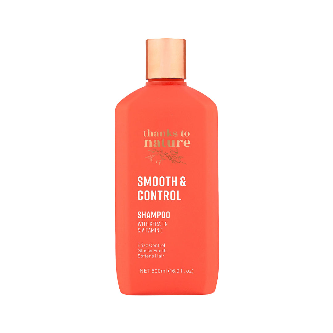 Shampoo bottle labeled 'thanks to nature' with 'Smooth & Control' on a white background
