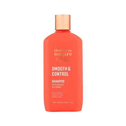 Shampoo bottle labeled 'thanks to nature' with 'Smooth & Control' on a white background